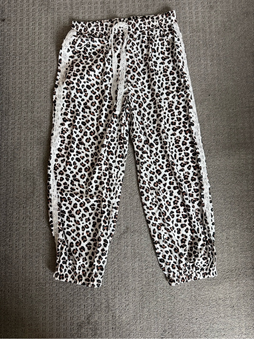 Amazon White Leopard Print Jogger Pants with Lace Trim